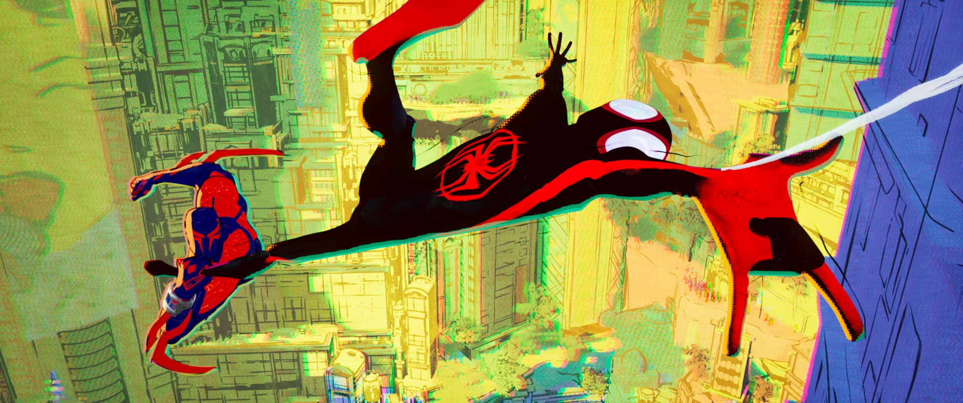 Spider-Man chuyển động giữa các lớp thành phố xanh, vàng, tím